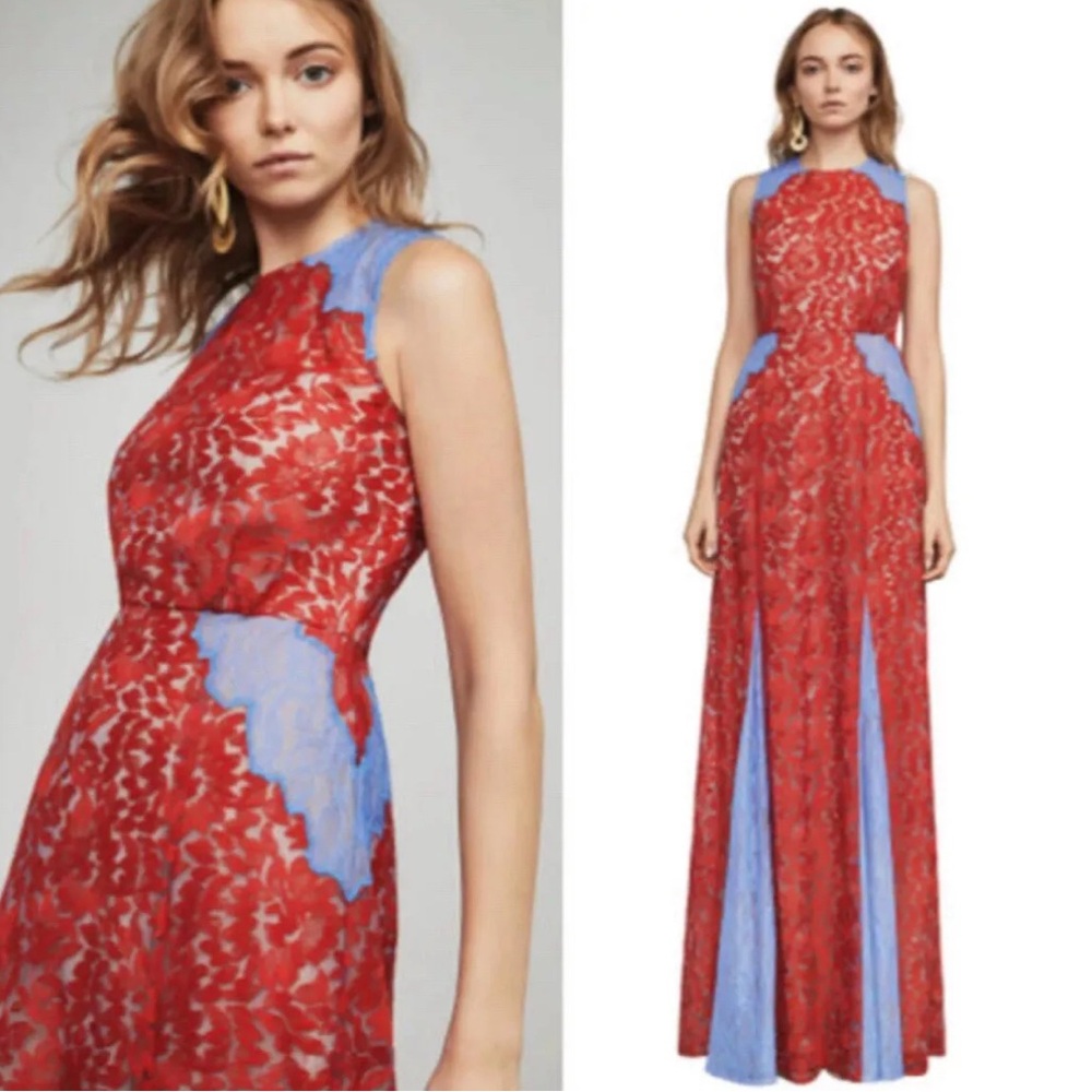 BCBGMaxAzria Red and Blue Halter Maxi Gown